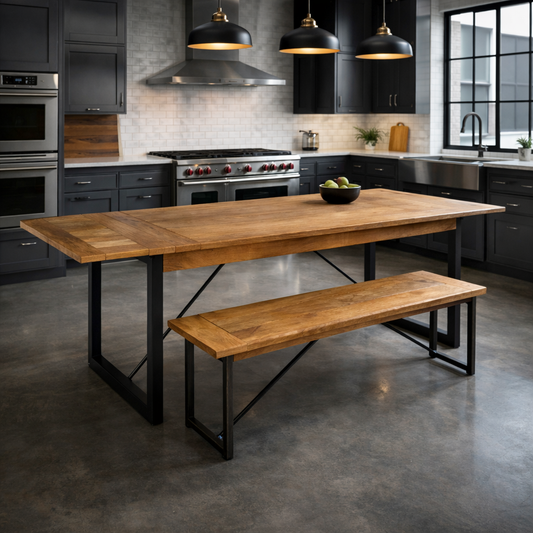 Extendable Rustic Hardwood Industrial Dining Table - Seats up to Twelve People