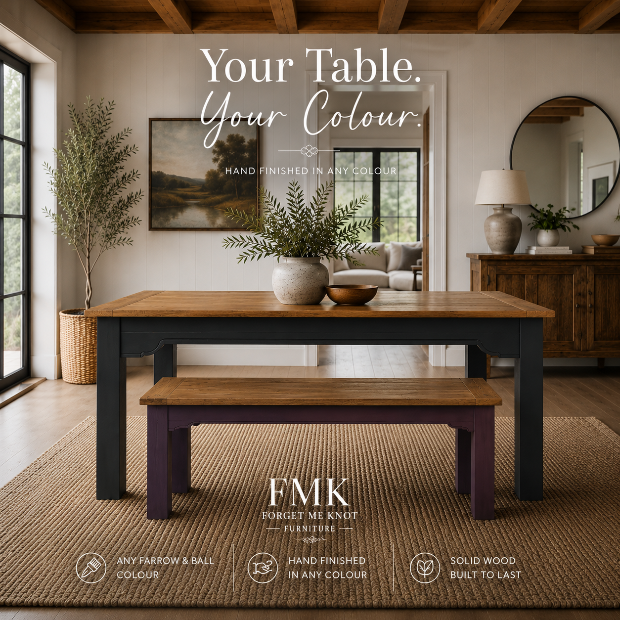 Extendable Traditional Farmhouse Dining Table and Bench Set with Square Legs