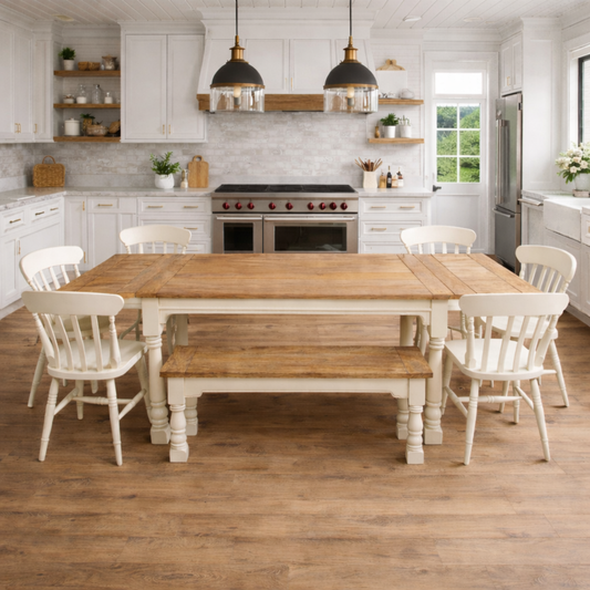 Up to Twelve Seater Rustic Farmhouse Extending Dining Table Set Painted Chairs & Benches