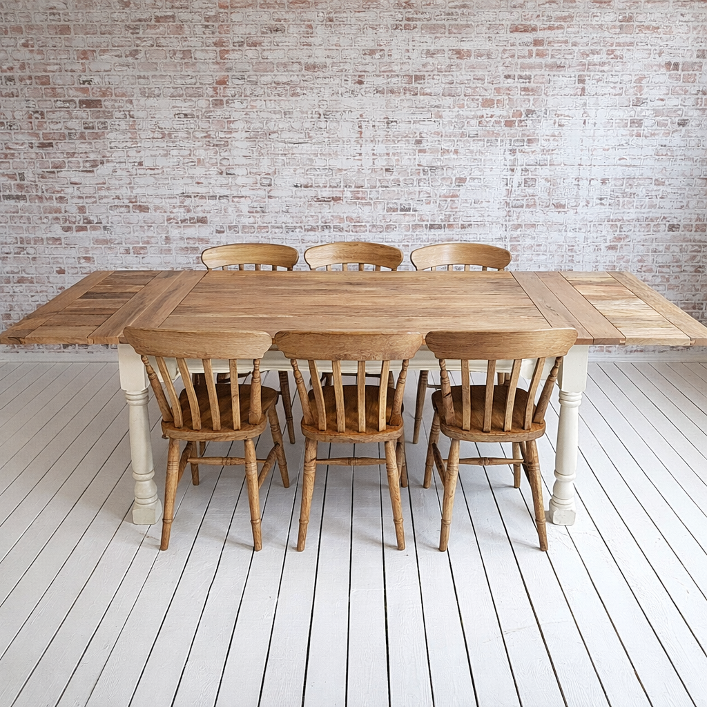 Up to Twelve Seater Rustic Farmhouse Extending Dining Table Set with Antique Chairs