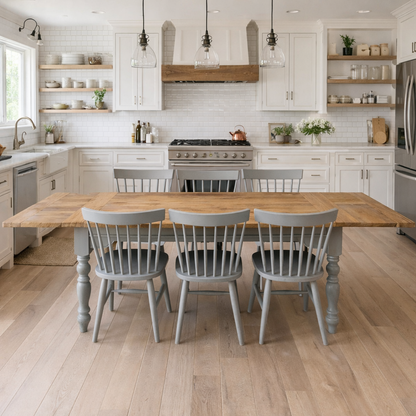 Modern Rustic Farmhouse Dining Set - Large Extending Dining Table with Spindle Back Chairs Painted Farrow & Ball