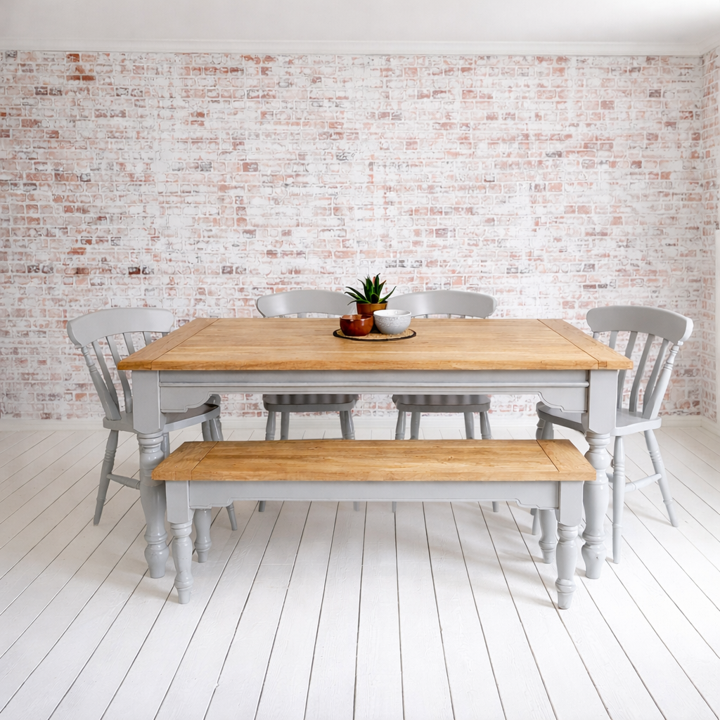 Extendable Traditional Farmhouse Dining Table Set with Turned Legs and Slat Back Chairs Bench
