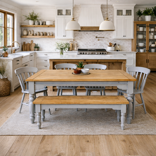 Extendable Traditional Farmhouse Dining Table Set with Turned Legs and Slat Back Chairs Bench
