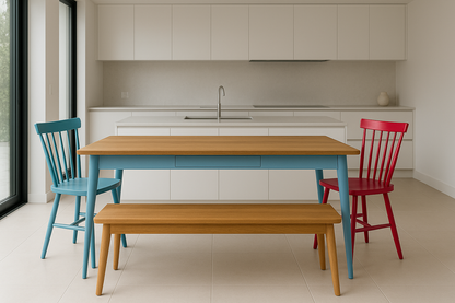 Extending Mid-Century Dining Table with Nordic Chairs and Benches Painted Finish