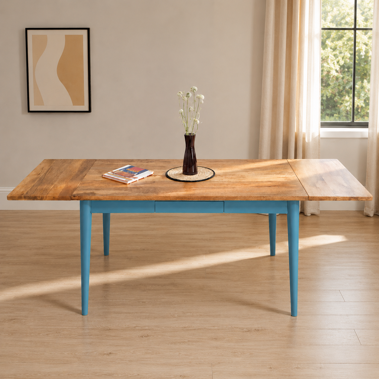 Painted Finish Extending Mid-Century Modern Living Hardwood Dining Table