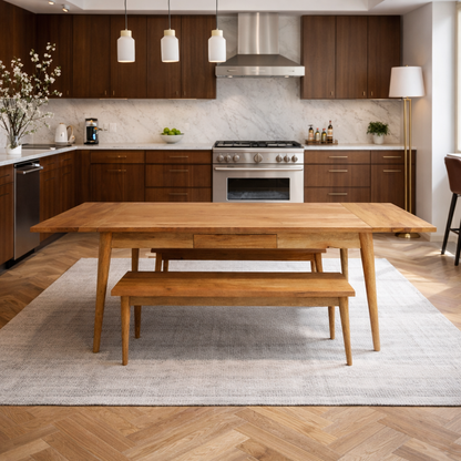 Mid-Century Modern Extending Hardwood Dining Table & Bench Set