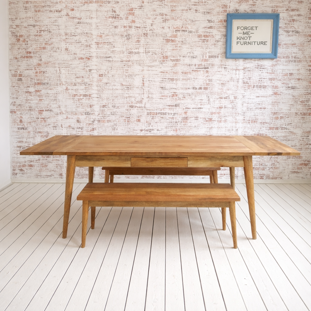 Mid-Century Modern Extending Hardwood Dining Table & Bench Set