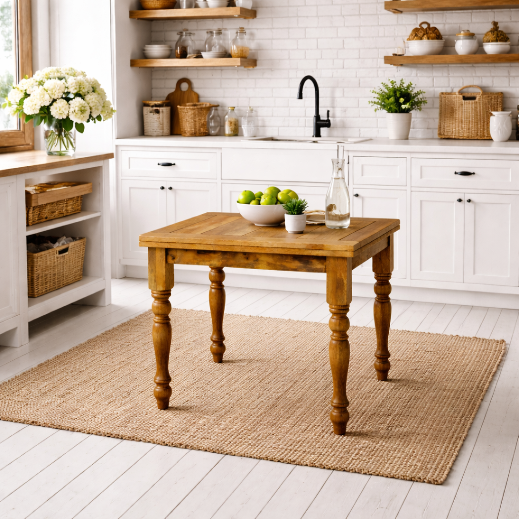 Natural Wood Finish Petite Turned Leg Extending Rustic Farmhouse Kitchen Dining Table