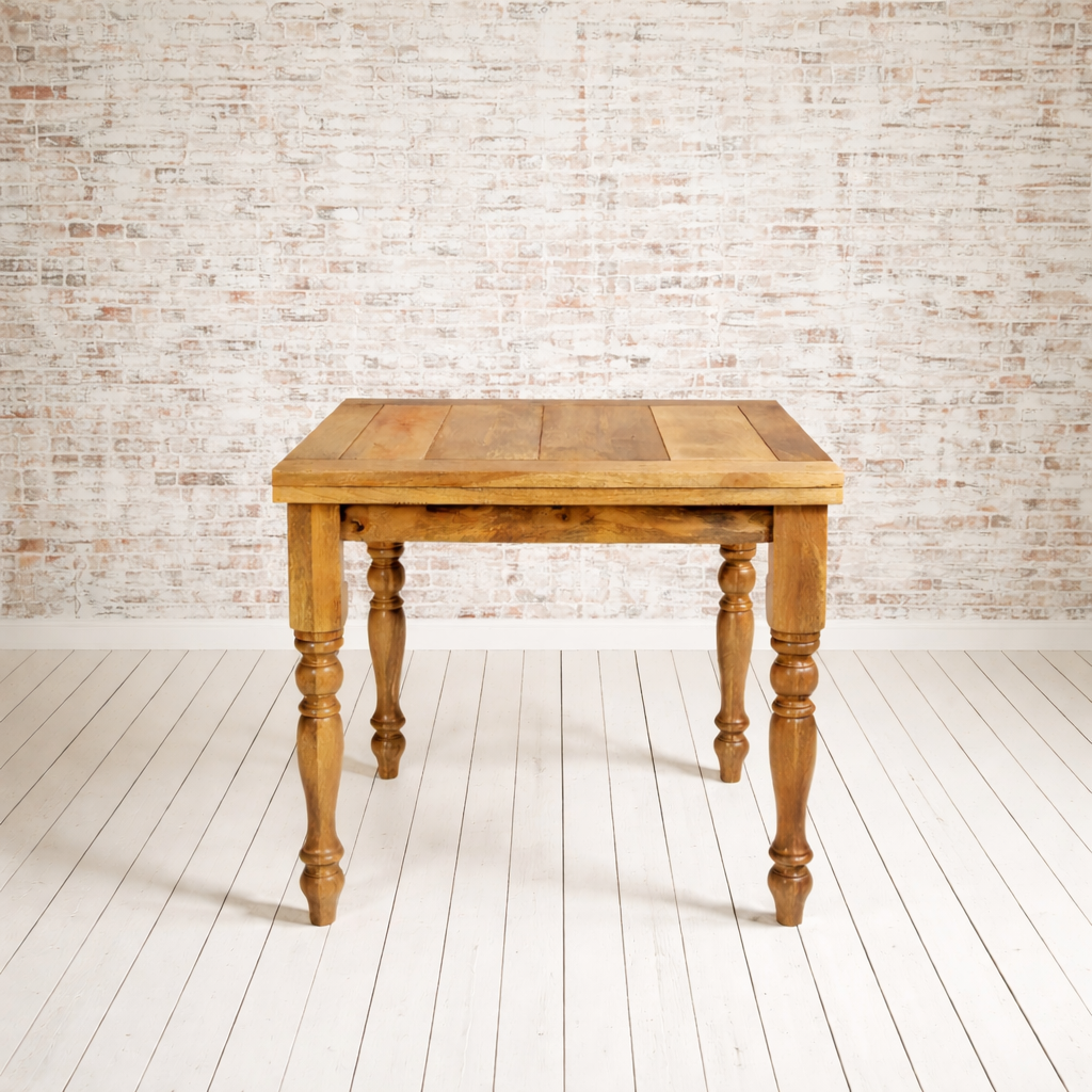 Natural Wood Finish Petite Turned Leg Extending Rustic Farmhouse Kitchen Dining Table