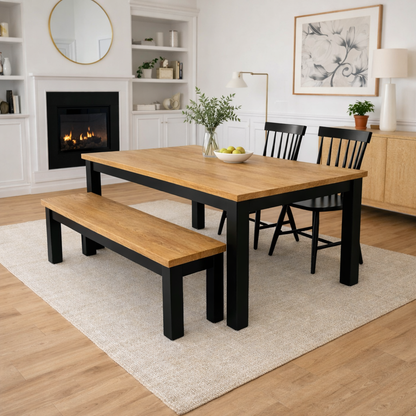 Chunky Rustic Oak Dining Table with Bench and Nordic Chairs Set