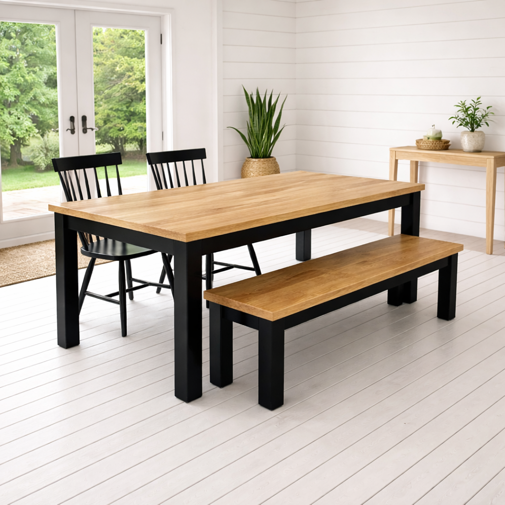 Chunky Rustic Oak Dining Table with Bench and Nordic Chairs Set