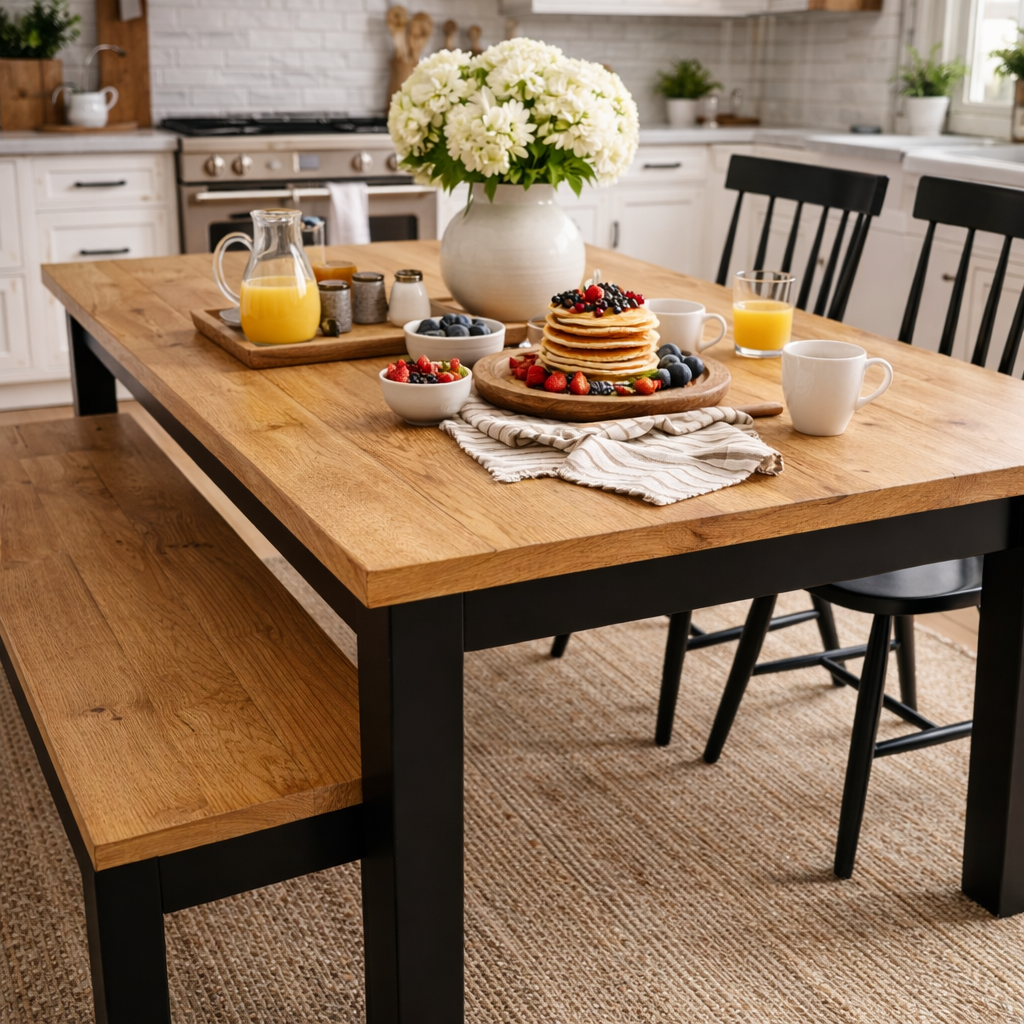Chunky Rustic Oak Dining Table with Bench and Nordic Chairs Set