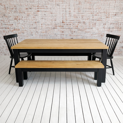 Chunky Rustic Oak Dining Table with Bench and Nordic Chairs Set