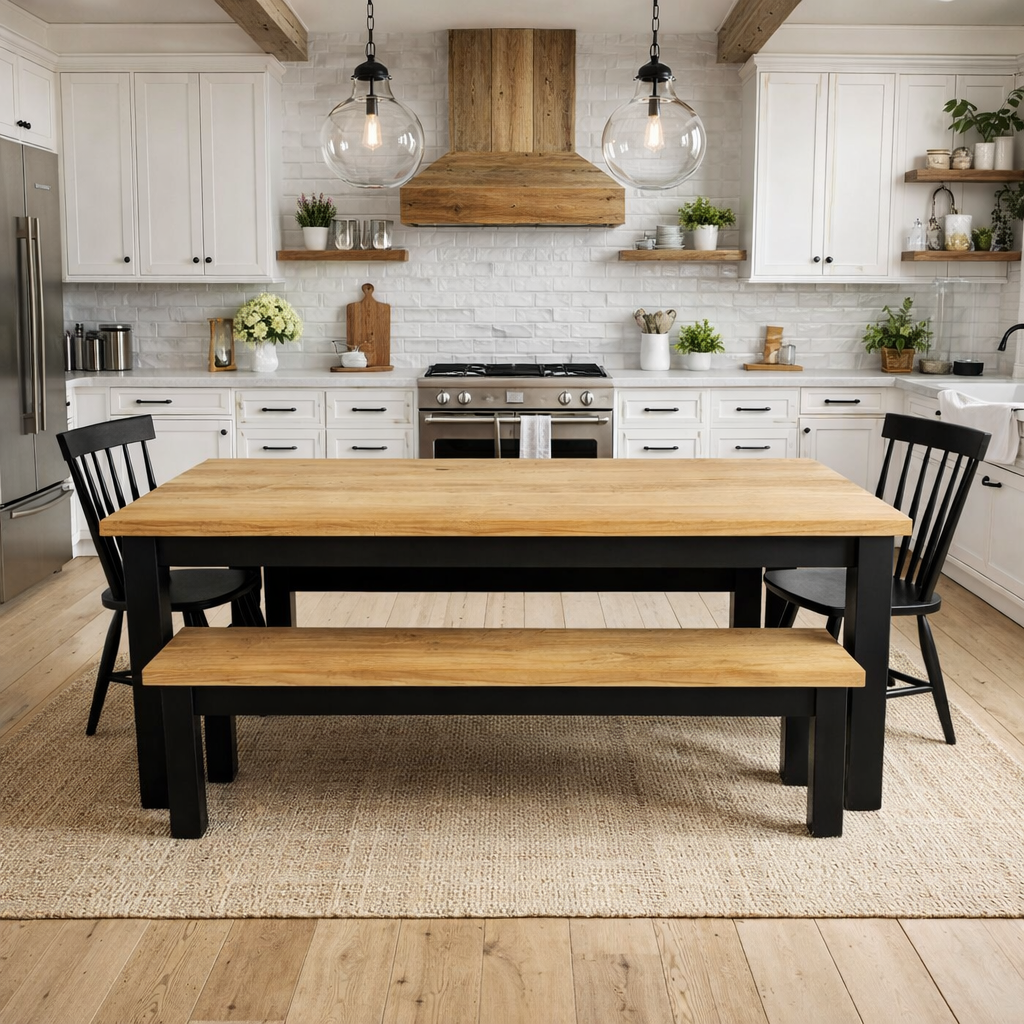 Chunky Rustic Oak Dining Table with Bench and Nordic Chairs Set