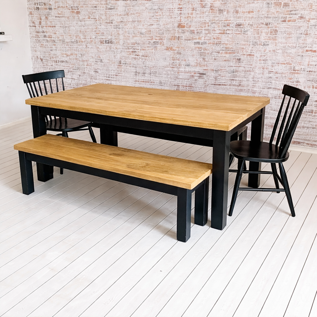 Chunky Rustic Oak Dining Table with Bench and Nordic Chairs Set