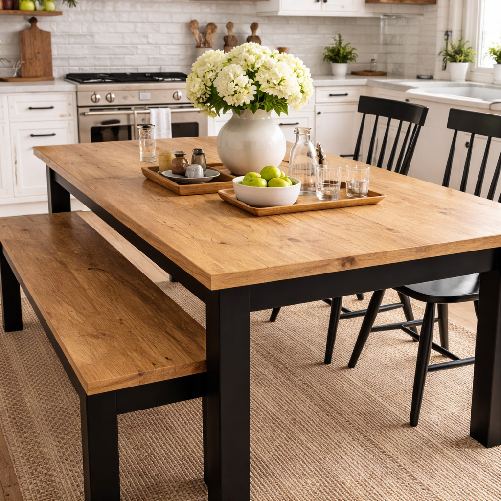 Chunky Rustic Oak Dining Table with Bench and Nordic Chairs Set