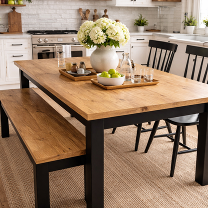 Chunky Rustic Oak Dining Table with Bench and Nordic Chairs Set