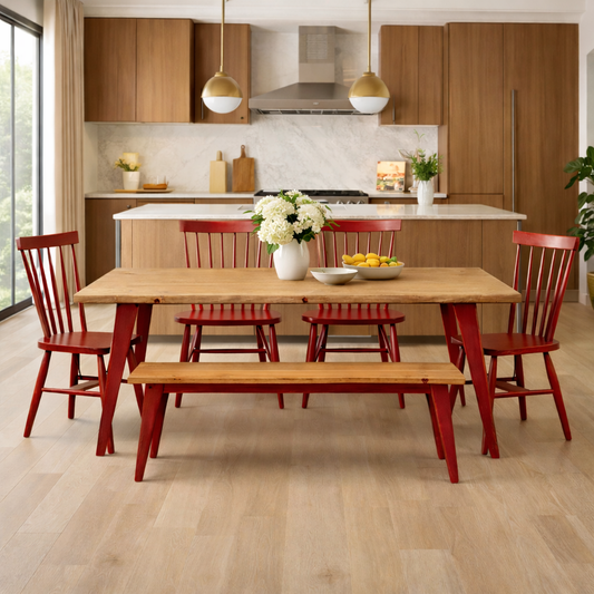 Nordic Tapered Leg Rustic Dining Table and Bench and Chairs Set Painted Finish