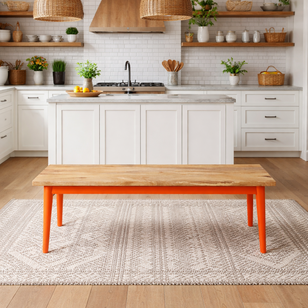 Painted Finish Mid-Century Modern Hardwood Dining Bench