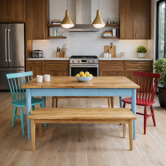 Extending Mid-Century Dining Table with Nordic Chairs and Benches Painted Finish