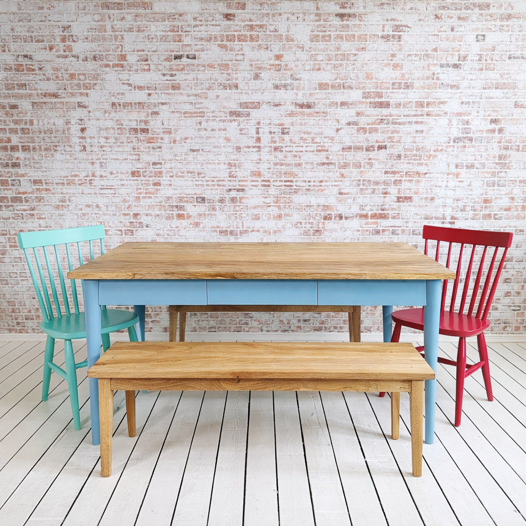 Extending Mid-Century Dining Table with Nordic Chairs and Benches Painted Finish