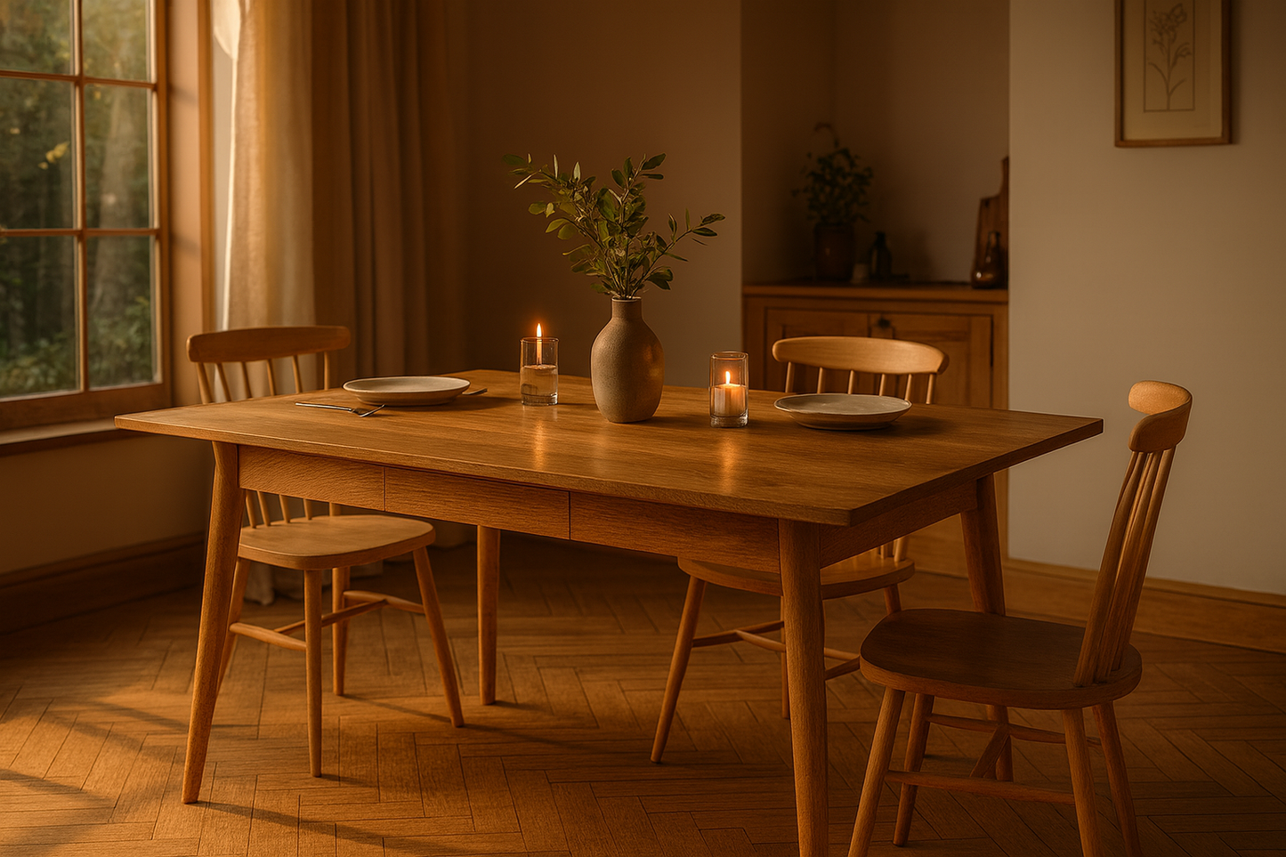 Extending Mid-Century Modern Living Hardwood Dining Table with Drawer - Space Saving
