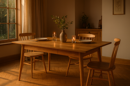 Extending Mid-Century Modern Living Hardwood Dining Table with Drawer - Space Saving