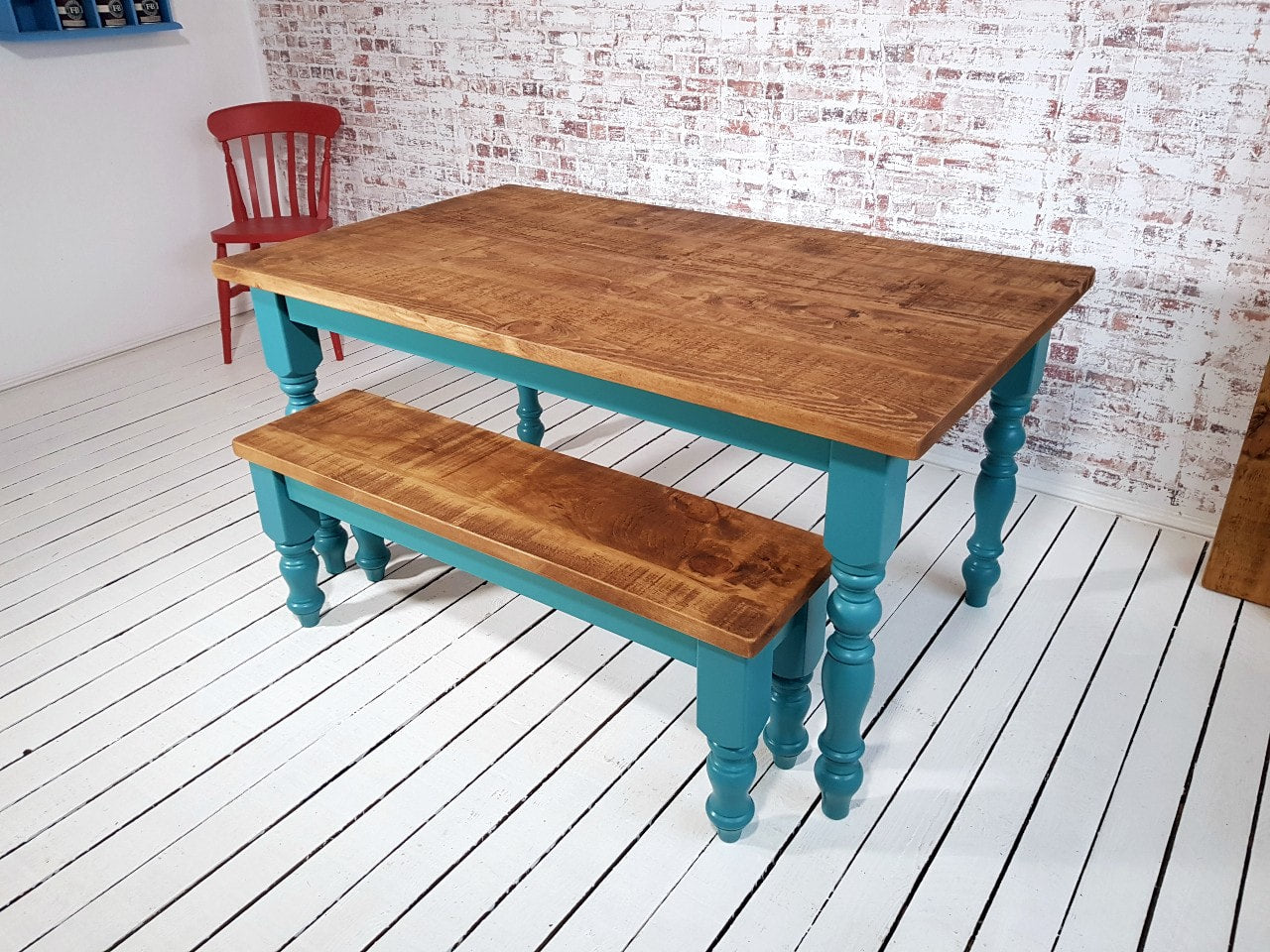 Traditional Rustic Farmhouse Reclaimed Style Pine Kitchen Dining Table - Any Size, Any Colour!