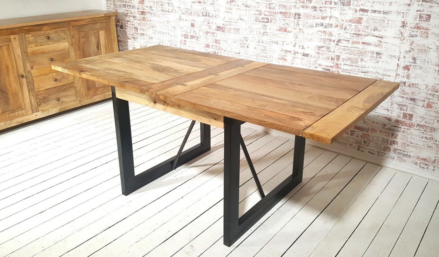 Extending Industrial Rustic Dining Table Drop Leaf Hardwood Finish