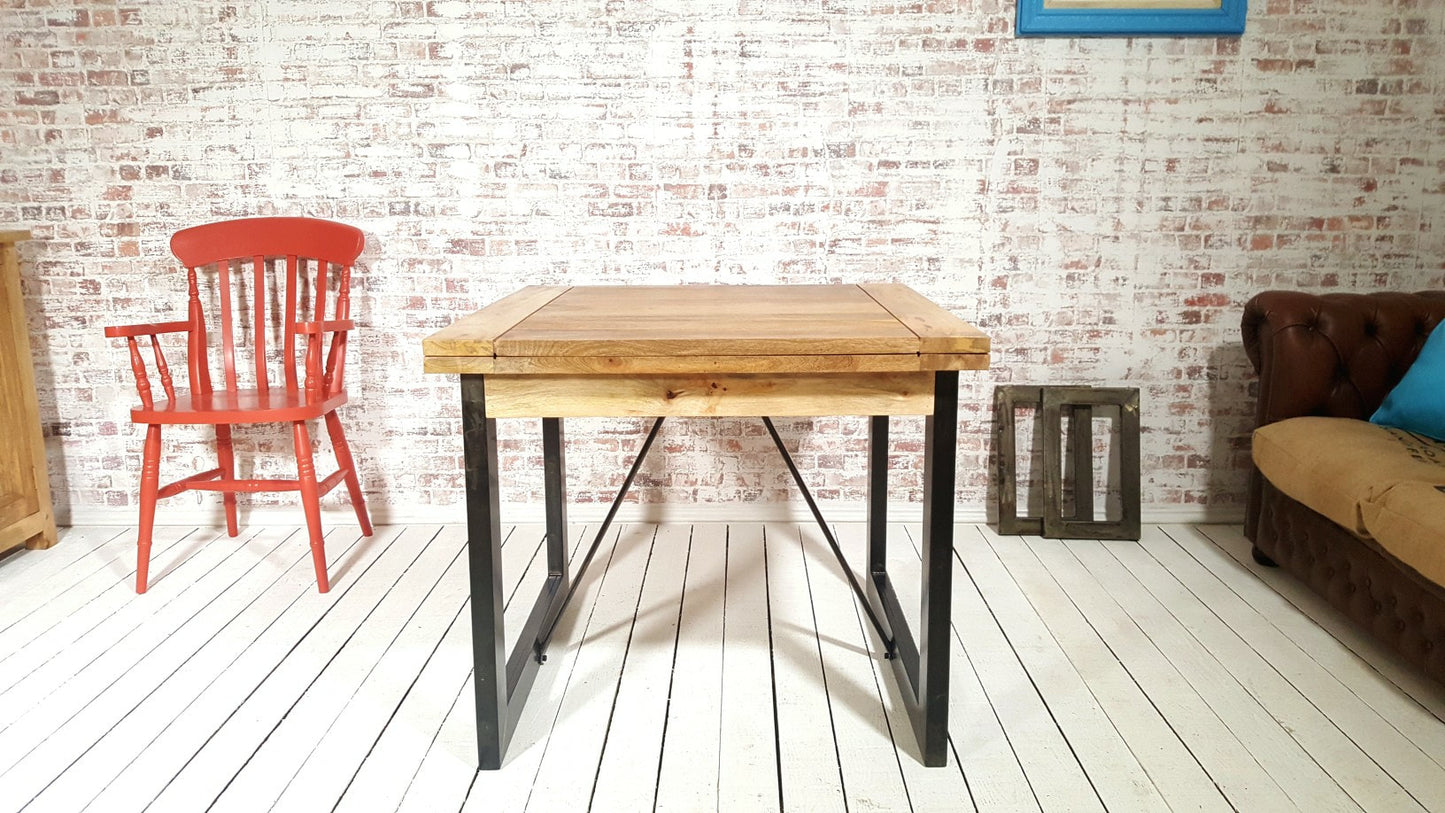 Extending Industrial Rustic Dining Table Drop Leaf Hardwood Finish