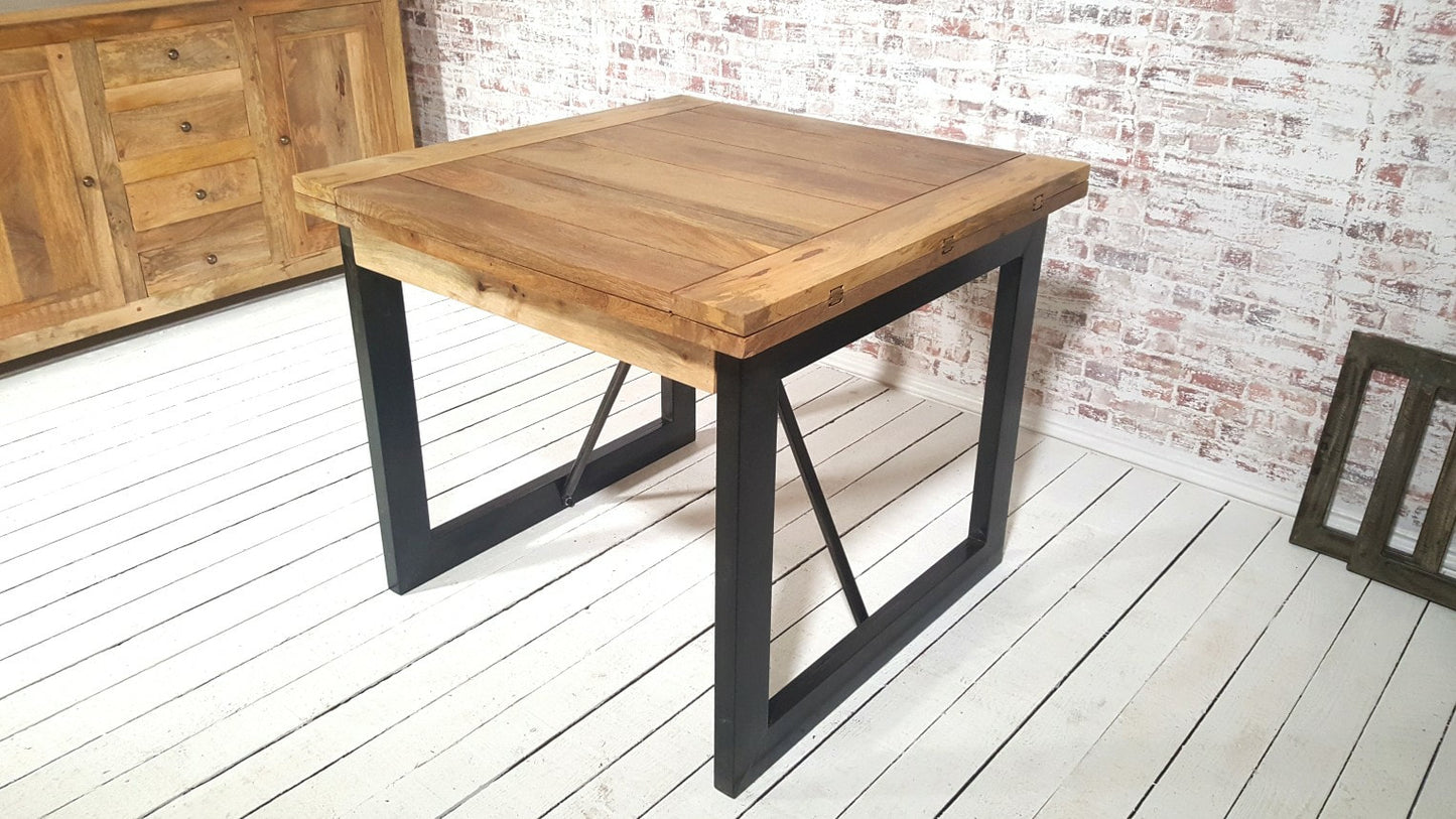 Extending Industrial Rustic Dining Table Drop Leaf Hardwood Finish