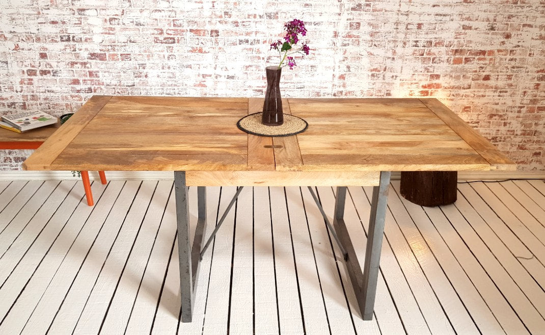 Extending Industrial Rustic Dining Table Drop Leaf Hardwood Finish