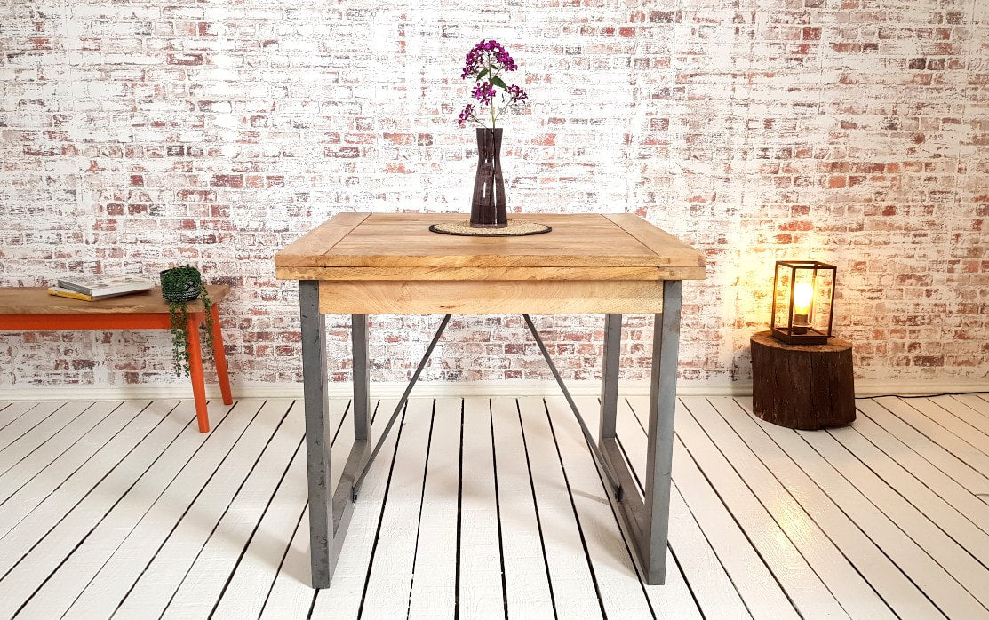 Extending Industrial Rustic Dining Table Drop Leaf Hardwood Finish