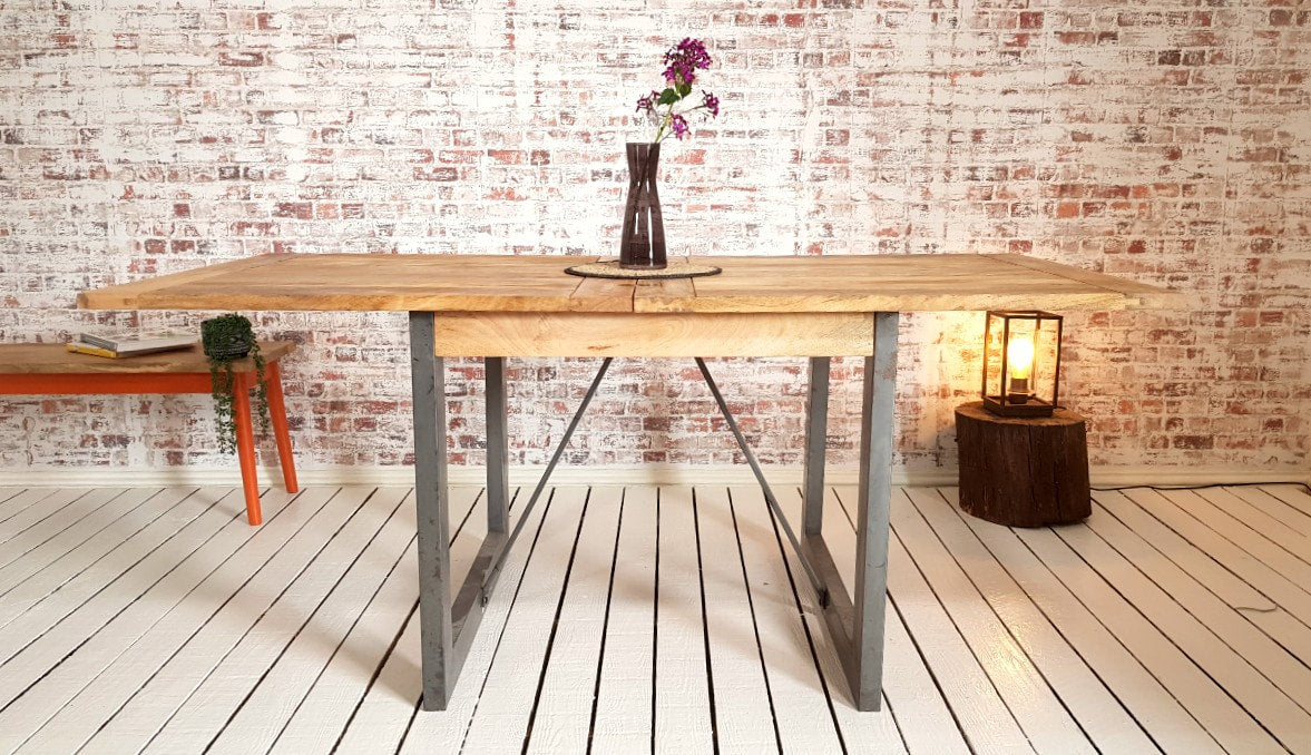 Extending Industrial Rustic Dining Table Drop Leaf Hardwood Finish