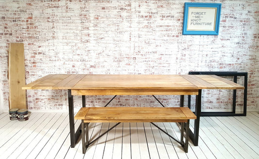 Extendable Rustic Hardwood Industrial Dining Table - Seats up to Twelve People