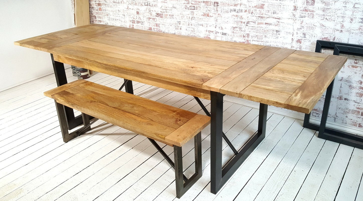Extendable Rustic Hardwood Industrial Dining Table - Seats up to Twelve People