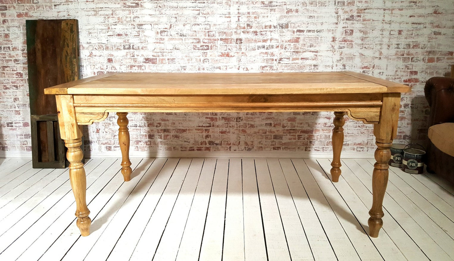 Large Rustic Extending Kitchen Dining Table Set with Turned Legs & Painted Chairs