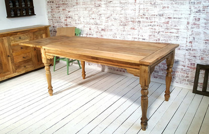 Large Rustic Extending Kitchen Dining Table Set with Turned Legs & Painted Chairs