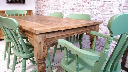 Large Rustic Extending Kitchen Dining Table Set with Turned Legs & Painted Chairs