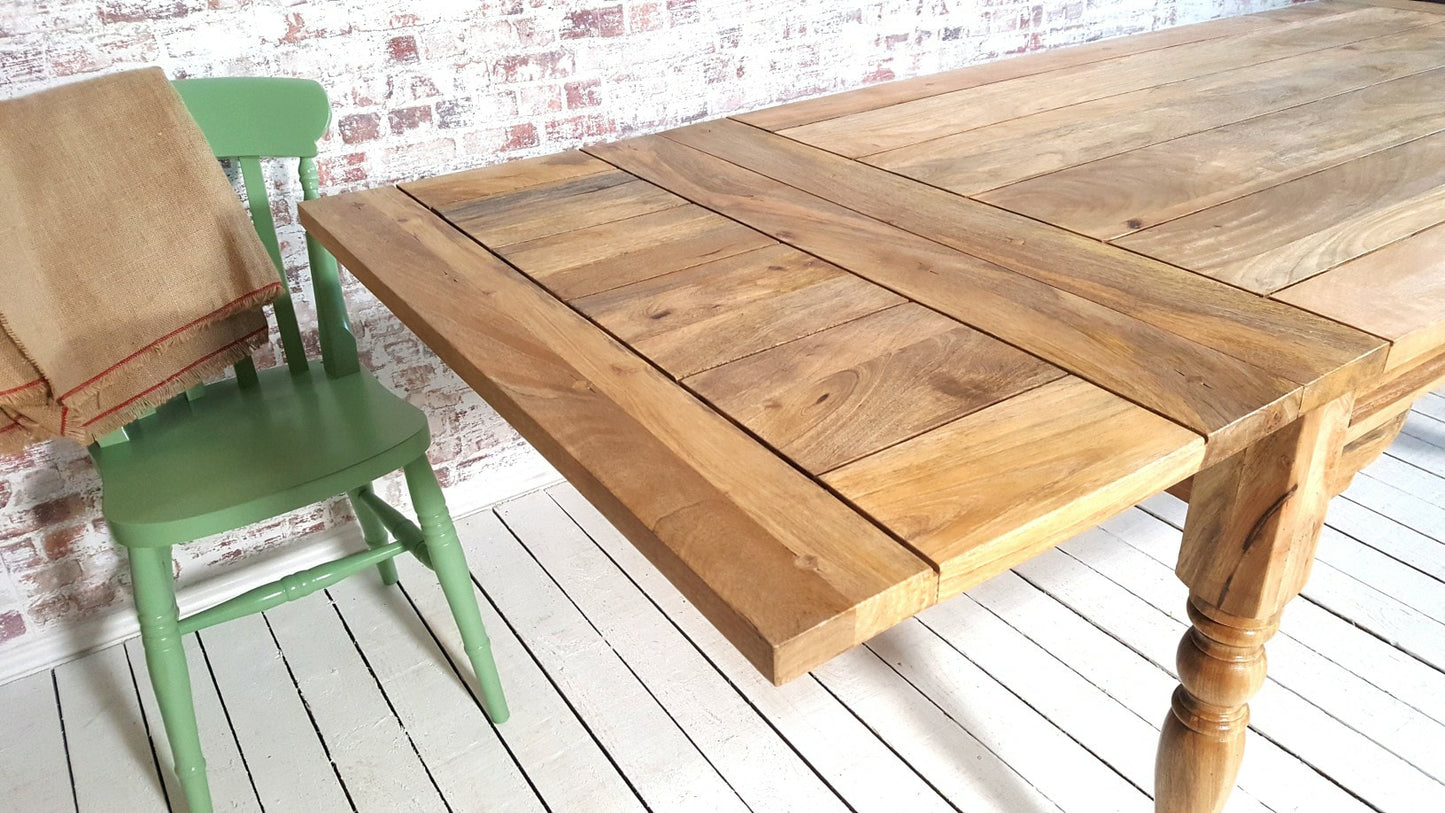 Large Rustic Extending Kitchen Dining Table Set with Turned Legs & Painted Chairs