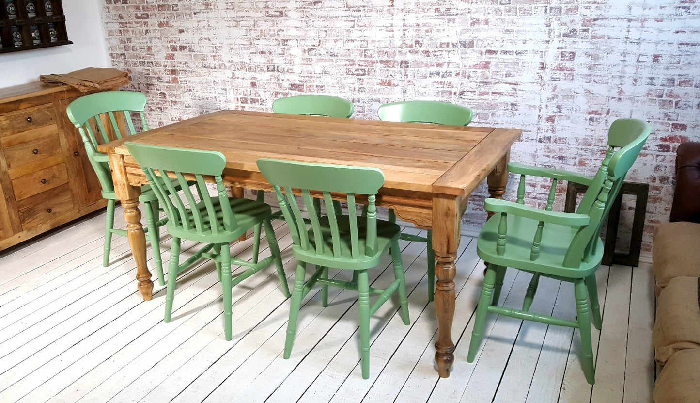 Large Rustic Extending Kitchen Dining Table Set with Turned Legs & Painted Chairs