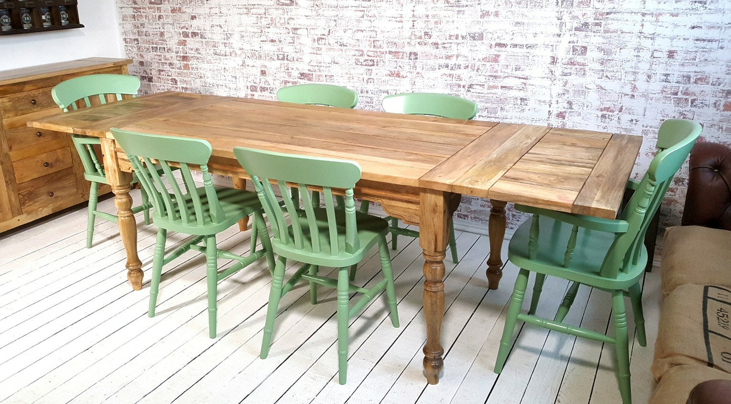 Large Rustic Extending Kitchen Dining Table Set with Turned Legs & Painted Chairs