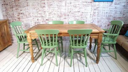 Large Rustic Extending Kitchen Dining Table Set with Turned Legs & Painted Chairs