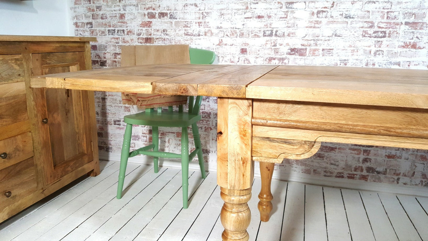 Large Rustic Extending Kitchen Dining Table Set with Turned Legs & Painted Chairs