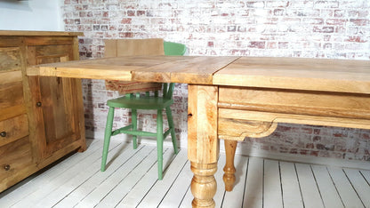 Large Rustic Extending Kitchen Dining Table Set with Turned Legs & Painted Chairs