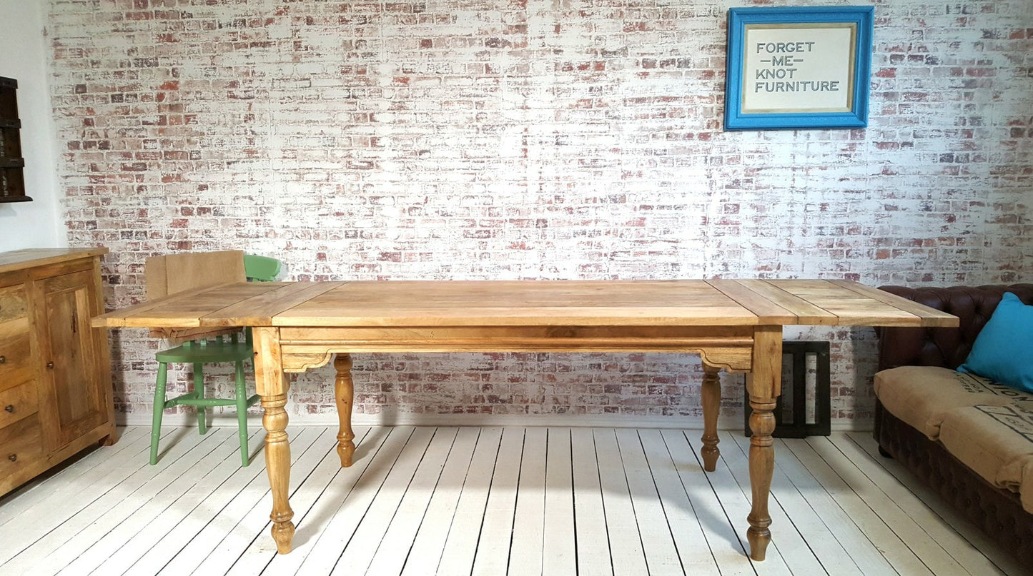 Large Rustic Extending Kitchen Dining Table Set with Turned Legs & Painted Chairs