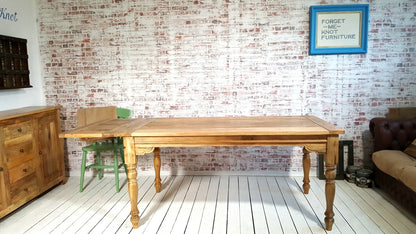 Large Rustic Extending Kitchen Dining Table Set with Turned Legs & Painted Chairs