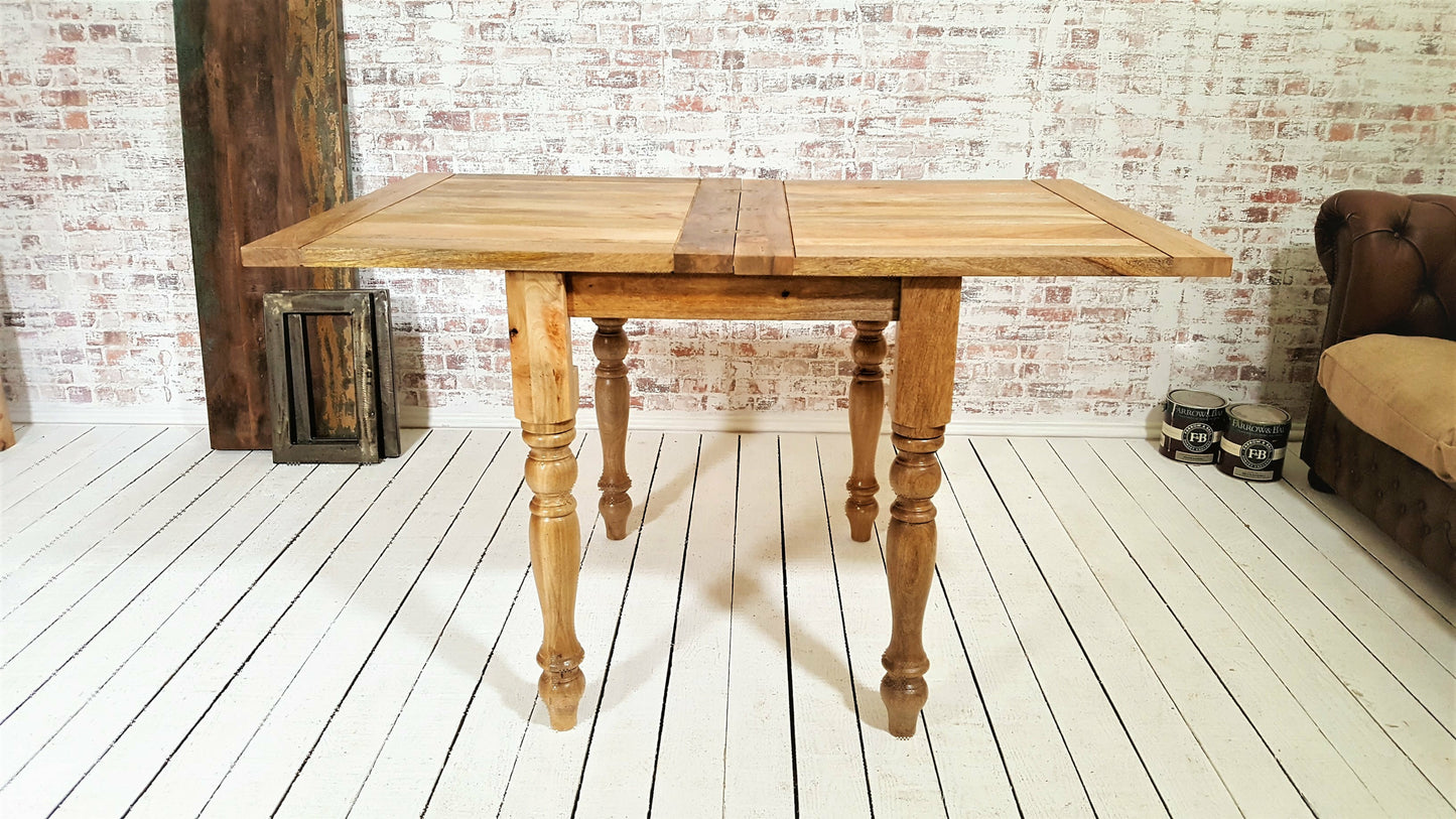 Natural Wood Finish Petite Turned Leg Extending Rustic Farmhouse Kitchen Dining Table