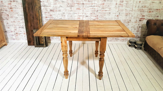 Natural Wood Finish Petite Turned Leg Extending Rustic Farmhouse Kitchen Dining Table