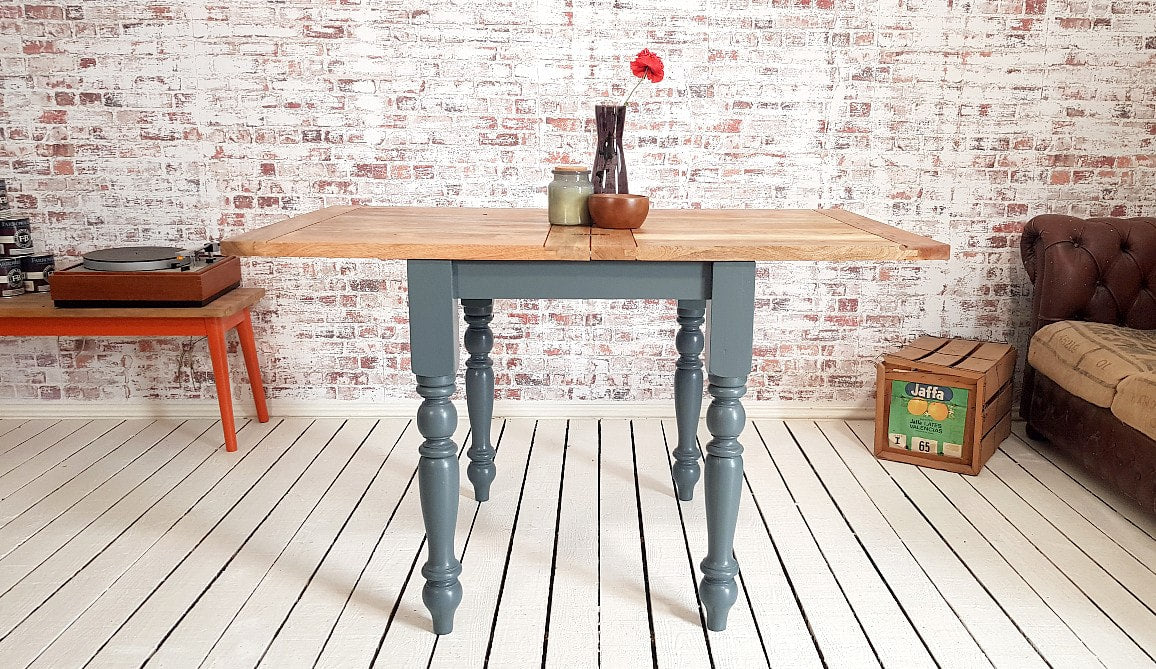 Petite Turned Leg Extending Rustic Farmhouse Kitchen Dining Table Painted Finish